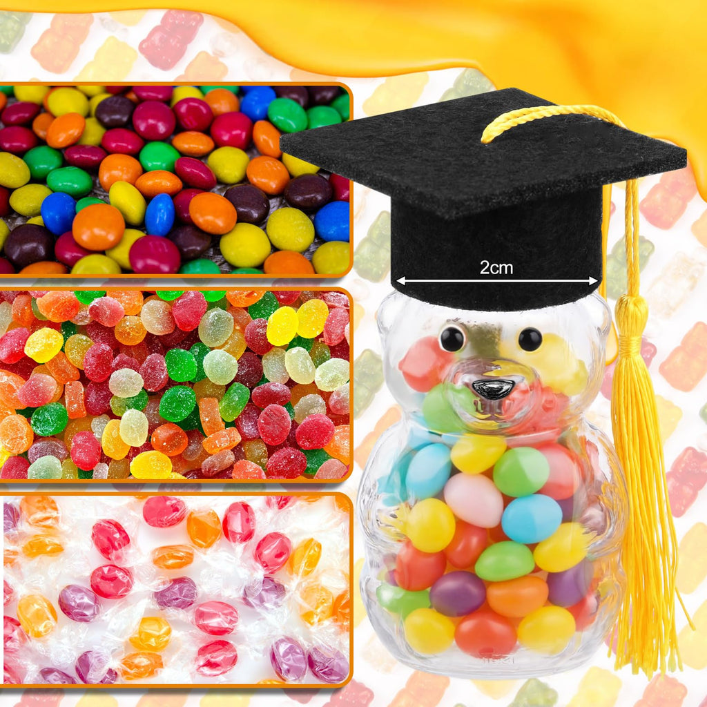 15 Set Graduation Cap Bear Jars Graduation Candy Boxes Containers Plastic Clear Bear Jars with Black Grad Cap and Tassel Grad Gifts Bulk for Party Favors Decorations (60 ml,Black Eyes)