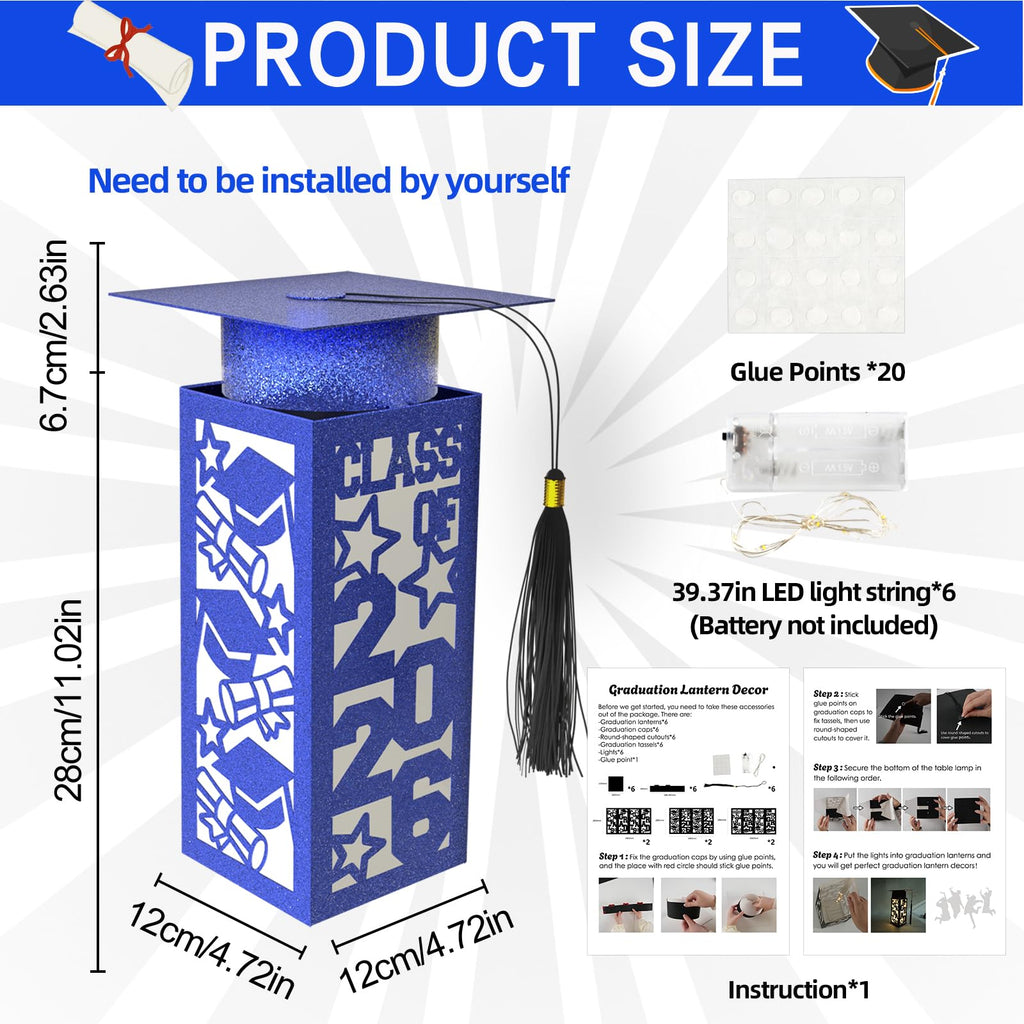 6 Pcs Graduation Table Centerpieces Boxes Class of 2026, Golden Graduation Paper Lanterns Boxes with String Lights Hollow Out for Congrats Grad School College Table Decorations Grad Party Photo Props