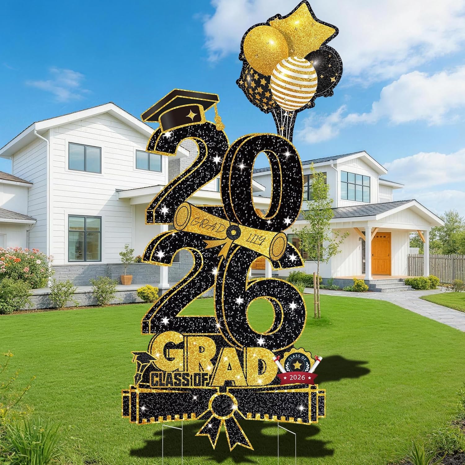 Graduation Yard Sign Class of 2026 Decorations, 4pcs Large Size Black and Gold Congrats Grad 2026 Lawn Yard Sign with Stakes for High School College Indoor Outdoor Graduation Party Decor Supplies