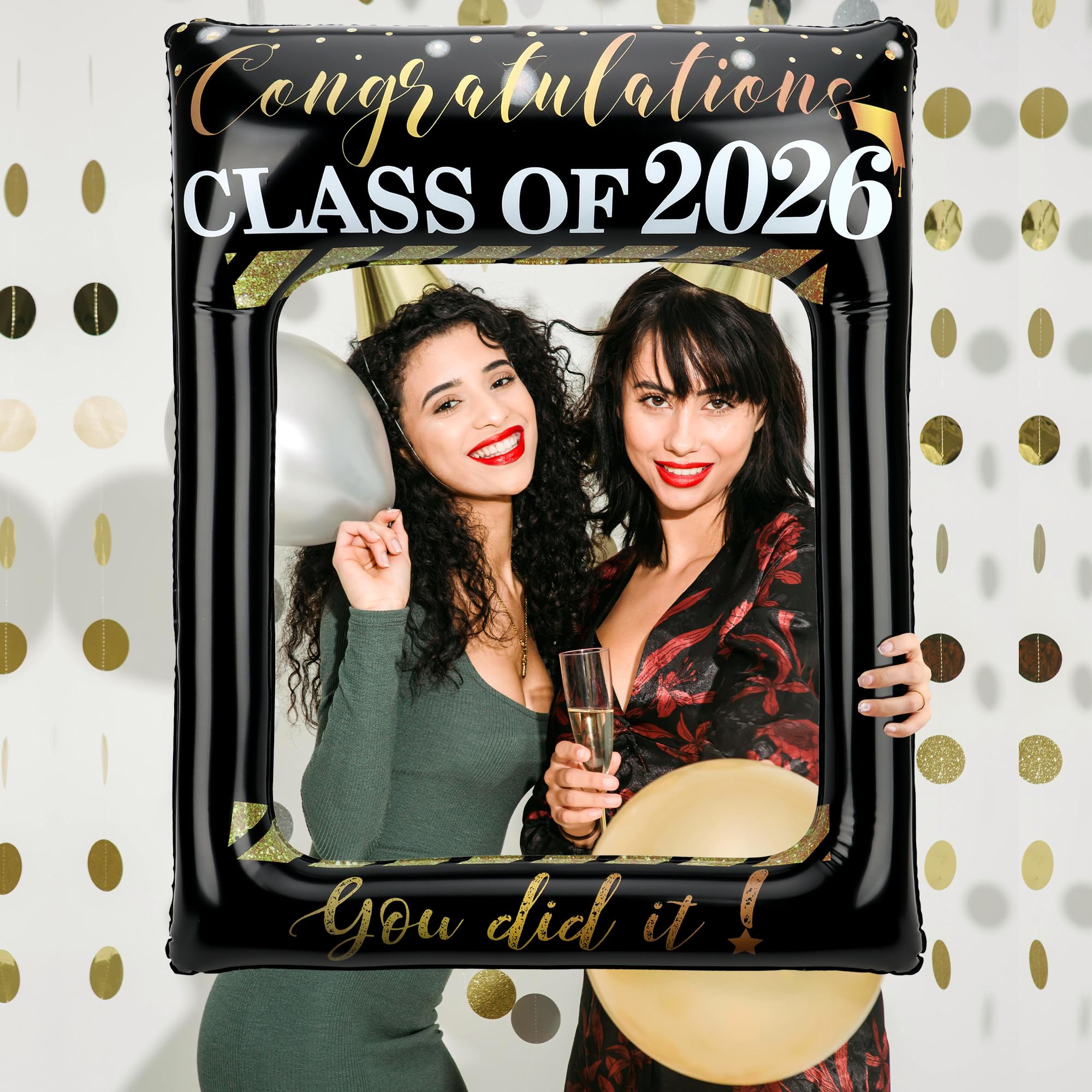 POPGIFTU Class of 2026 Graduation Photo Booth Frame, Inflatable Selfie Frame 31" x 24", Black Gold Congrats Grad Photo Booth Props for Graduation Party Decorations 2026