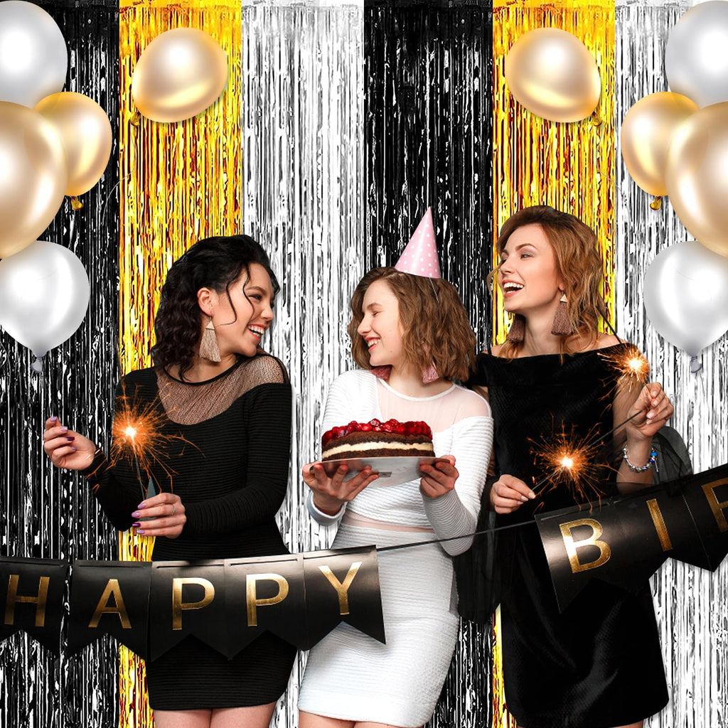 3 Pack Black Gold Silver Foil Fringe Curtain Backdrop, 3.28Ft x6.6Ft Metallic Tinsel Foil Fringe Streamer Curtains for Photo Booth, Halloween, Christmas Day, Wedding, New Year Party Decoration