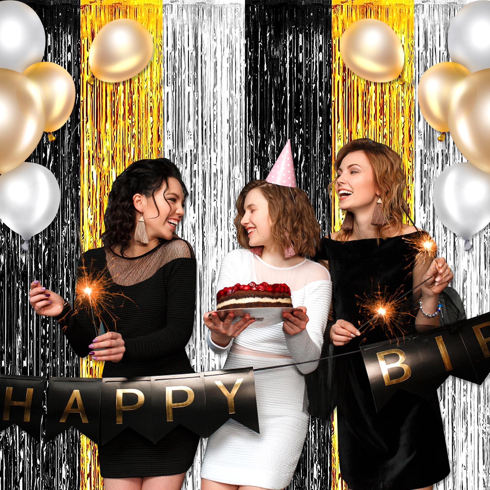 3 Pack Black Gold Silver Foil Fringe Curtain Backdrop, 3.28Ft x6.6Ft Metallic Tinsel Foil Fringe Streamer Curtains for Photo Booth, Halloween, Christmas Day, Wedding, New Year Party Decoration