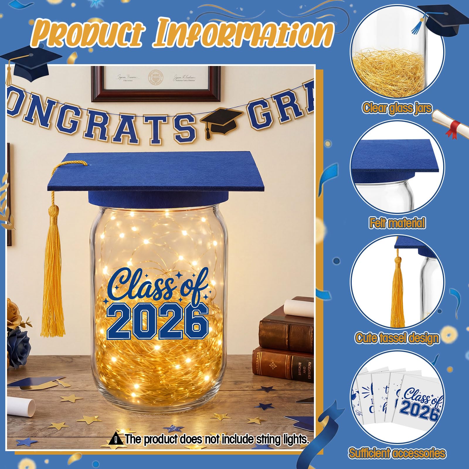 Suclain 6 Set Graduation Table Decorations Glass Mason Money Jars Gifts Class of 2026 Table Centerpieces with Felt Cap Raffia & Sticker for College High School Congrats Grad Parties(Black,Gold Tassel)