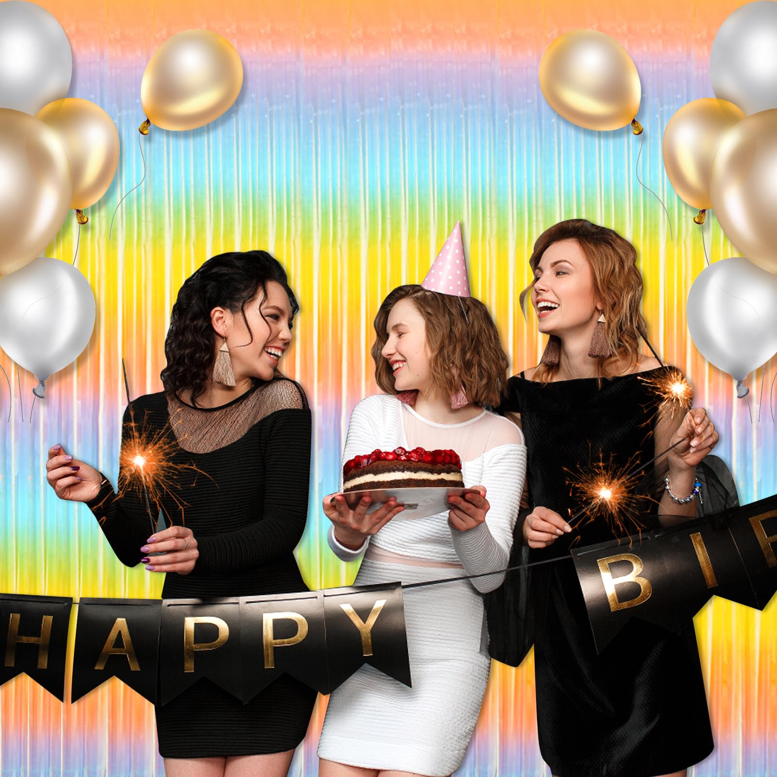 3 Pack Black Gold Silver Foil Fringe Curtain Backdrop, 3.28Ft x6.6Ft Metallic Tinsel Foil Fringe Streamer Curtains for Photo Booth, Halloween, Christmas Day, Wedding, New Year Party Decoration