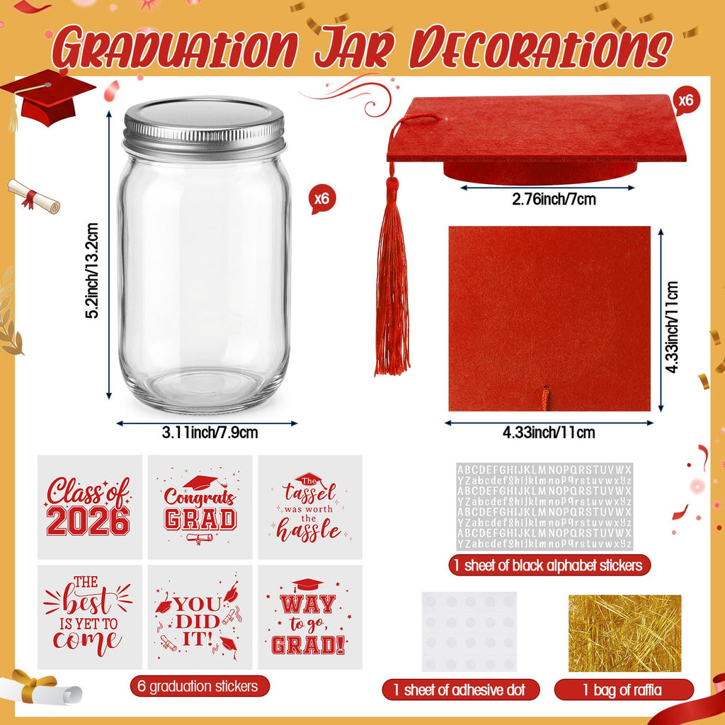 Suclain 6 Set Graduation Table Decorations Glass Mason Money Jars Gifts Class of 2026 Table Centerpieces with Felt Cap Raffia & Sticker for College High School Congrats Grad Parties(Black,Gold Tassel)