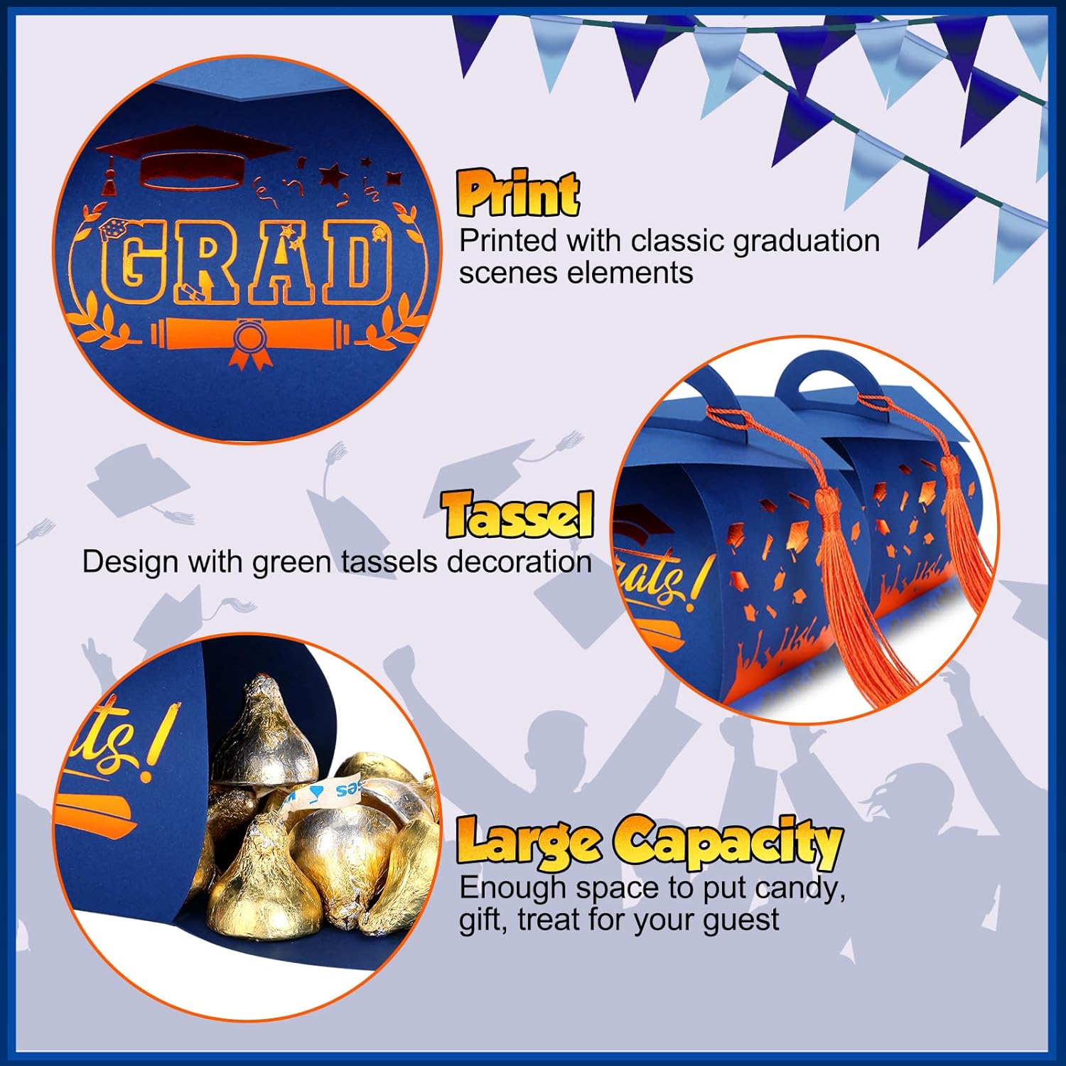 Spakon 30 Pcs Graduation Cap Gift Box Graduation Party Favors Candy Boxes Treat Box with Tassel Table Centerpieces Class of 2026 Grad Decorations(Blue, Gold)