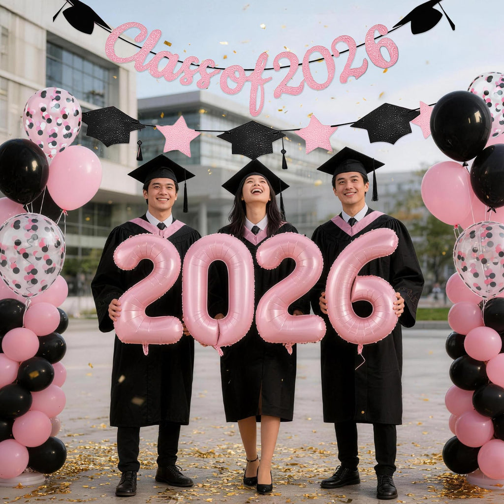 Graduation Balloons Class of 2026, Black Gold Graduation Party Decorations Set with 32in 2026 Number Balloons Confetti Balloon Star Cap Garland Banner for Senior High School College Grad Party Decor