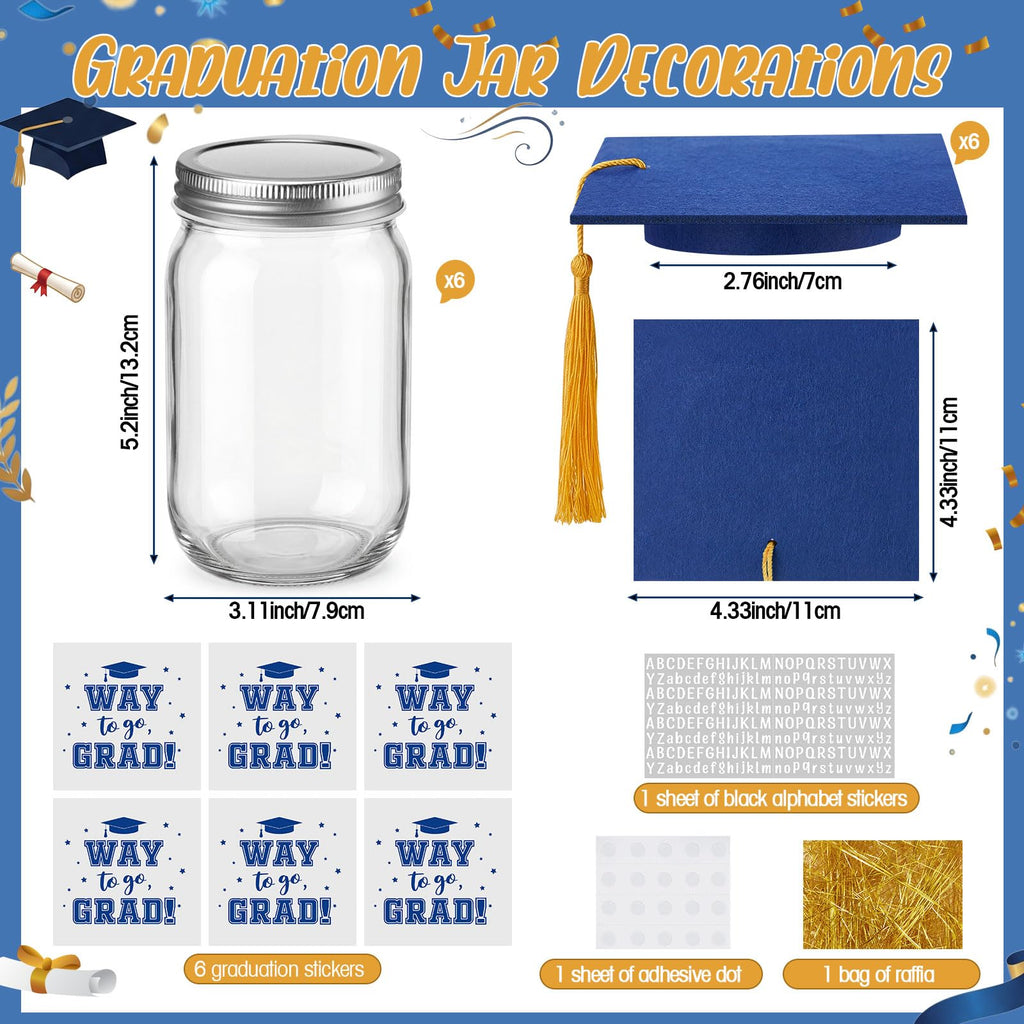 Suclain 6 Set Graduation Table Decorations Glass Mason Money Jars Gifts Class of 2026 Table Centerpieces with Felt Cap Raffia & Sticker for College High School Congrats Grad Parties(Black,Gold Tassel)