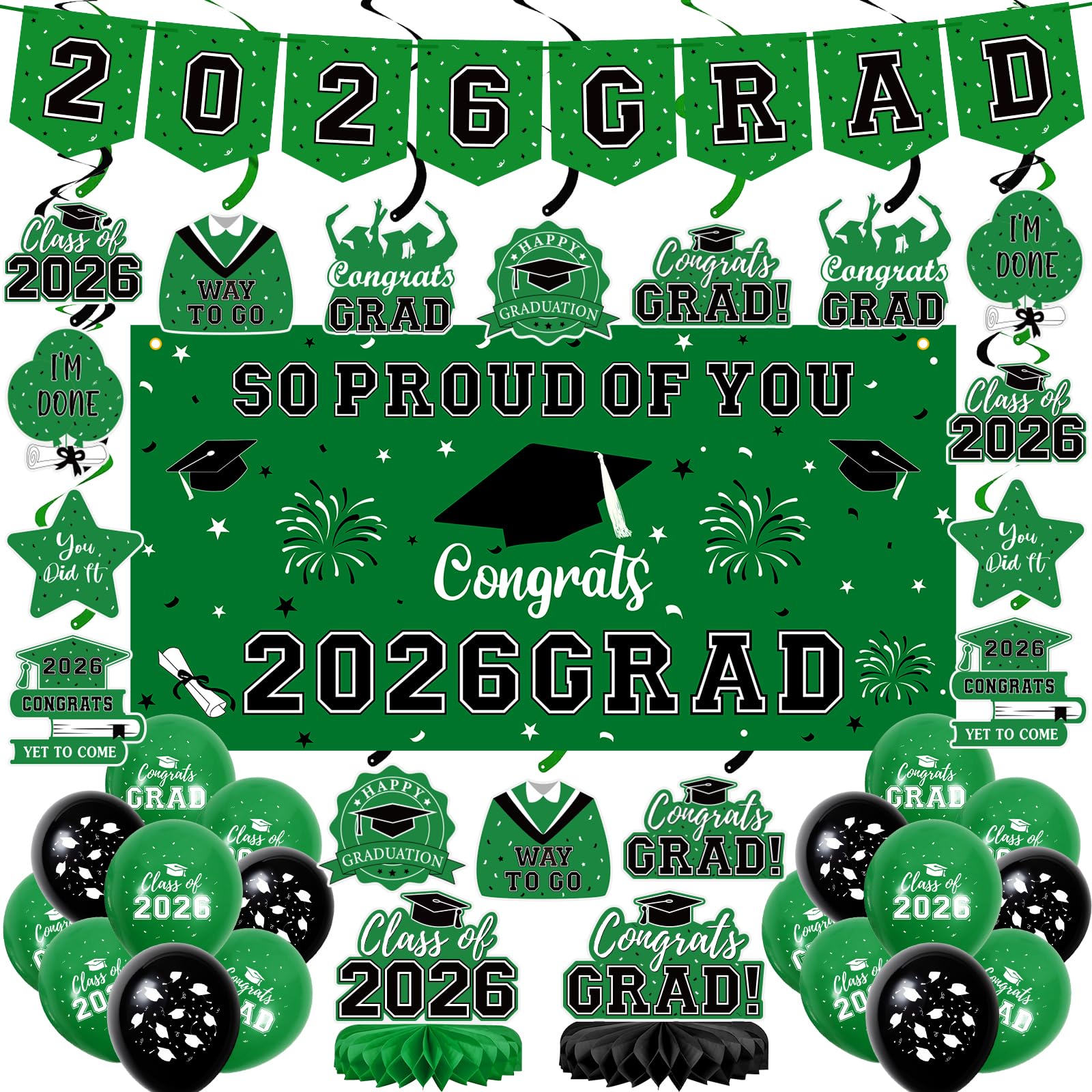 59Pcs Graduation Decorations 2026 Backdrop Balloons Banner Centerpiece Hanging Swirls Grad Class of 2026 Decorations for kindergarten K-12th College Any Grade Black Gold Themed