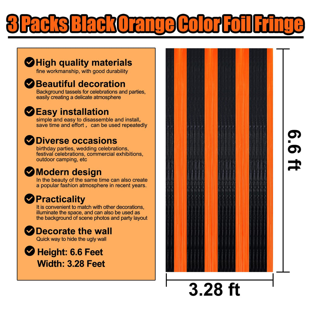 3 Pack Black Gold Silver Foil Fringe Curtain Backdrop, 3.28Ft x6.6Ft Metallic Tinsel Foil Fringe Streamer Curtains for Photo Booth, Halloween, Christmas Day, Wedding, New Year Party Decoration