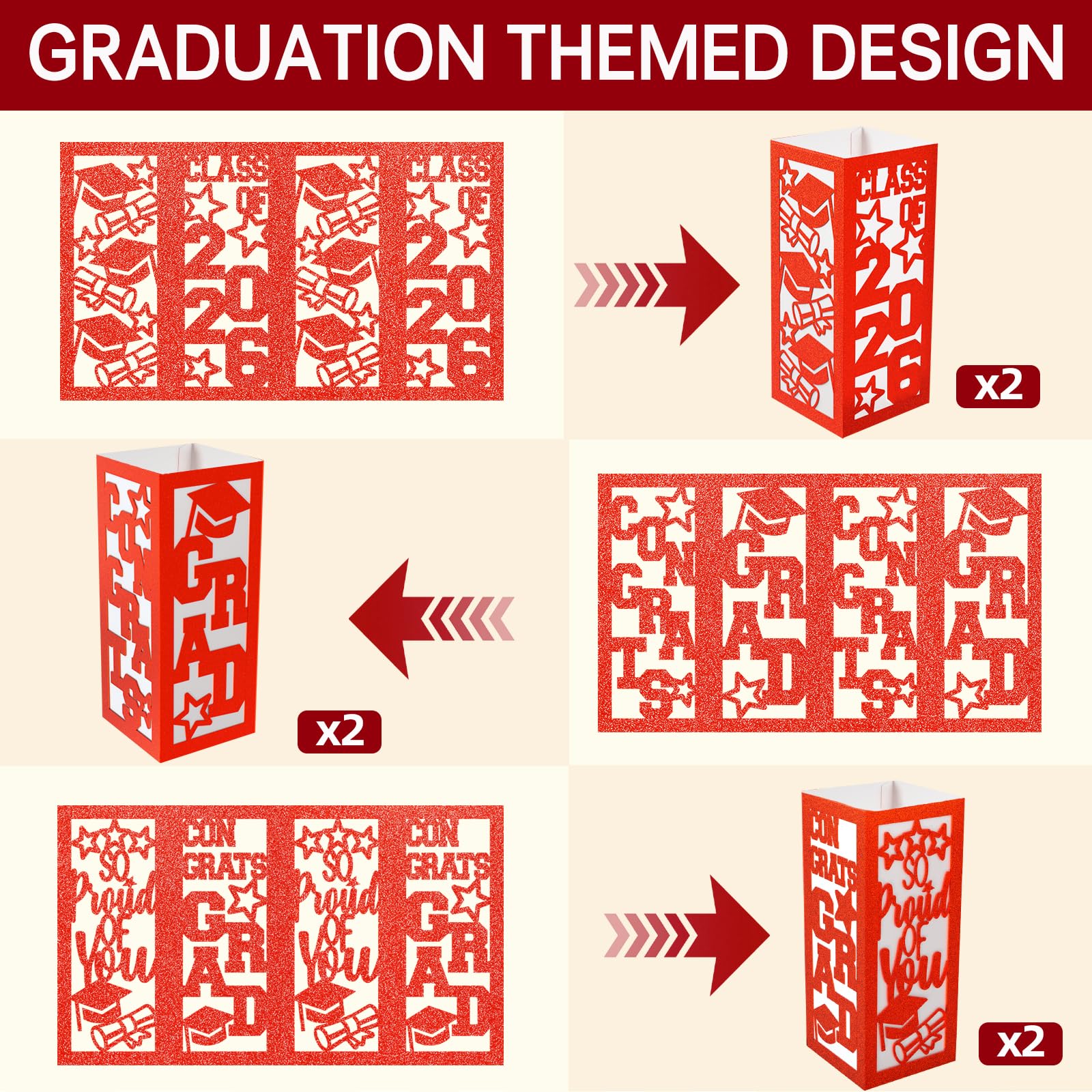 6 Pcs Graduation Table Centerpieces Boxes Class of 2026, Golden Graduation Paper Lanterns Boxes with String Lights Hollow Out for Congrats Grad School College Table Decorations Grad Party Photo Props