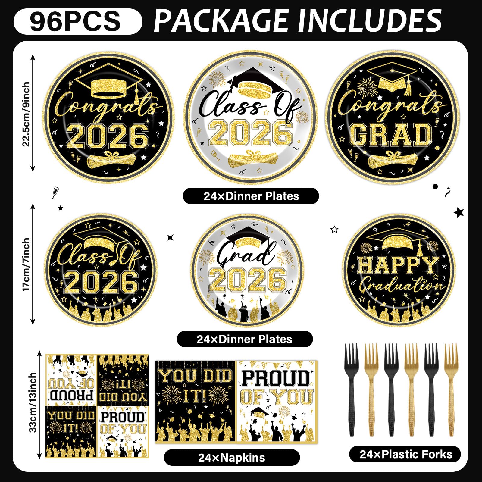 96Pcs Graduation Plates and Napkins 2026 Congrats Grad Party Decorations Grad Party Tableware Supplies Class of 2026 Disposable Dinnerware for Graduate Parties Decor Serve 24, Black and Gold