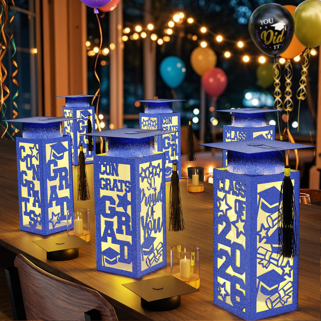 6 Pcs Graduation Table Centerpieces Boxes Class of 2026, Golden Graduation Paper Lanterns Boxes with String Lights Hollow Out for Congrats Grad School College Table Decorations Grad Party Photo Props