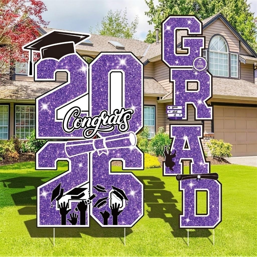 Graduation Yard Sign Class of 2026 Decorations, 4pcs Large Size Black and Gold Congrats Grad 2026 Lawn Yard Sign with Stakes for High School College Indoor Outdoor Graduation Party Decor Supplies