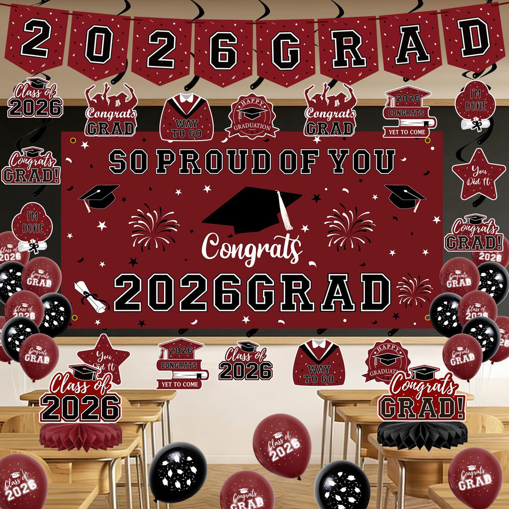 59Pcs Graduation Decorations 2026 Backdrop Balloons Banner Centerpiece Hanging Swirls Grad Class of 2026 Decorations for kindergarten K-12th College Any Grade Black Gold Themed