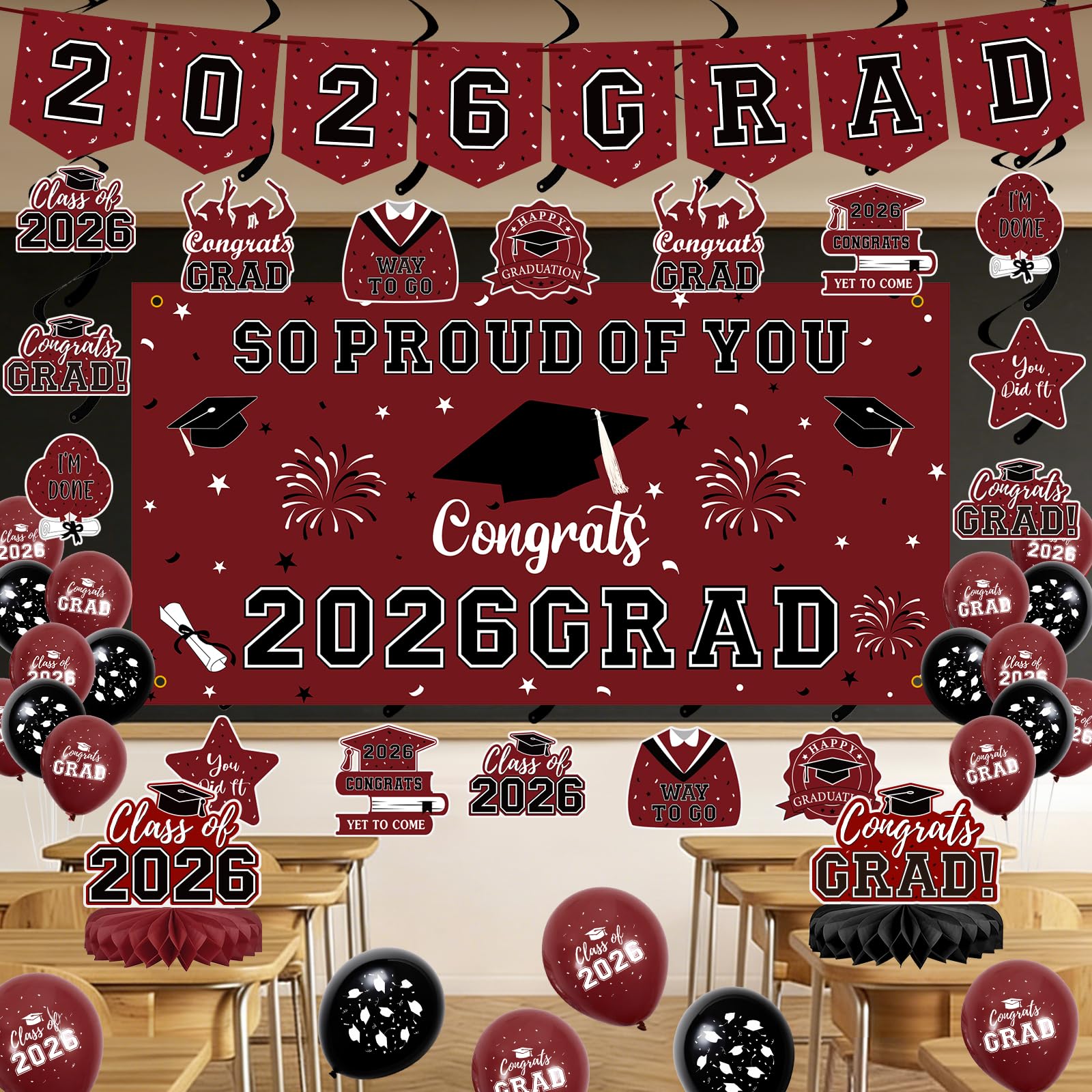 59Pcs Graduation Decorations 2026 Backdrop Balloons Banner Centerpiece Hanging Swirls Grad Class of 2026 Decorations for kindergarten K-12th College Any Grade Black Gold Themed