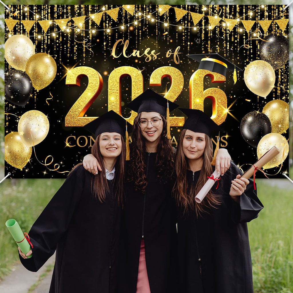 Avezano Graduation Backdrop Black and Gold Congratulations Class of 2026 Banner 2026 Graduation Decorations Photo Booth Background (6x3.6ft)