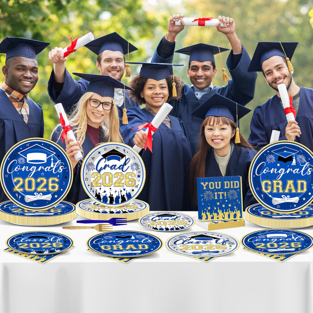 96Pcs Graduation Plates and Napkins 2026 Congrats Grad Party Decorations Grad Party Tableware Supplies Class of 2026 Disposable Dinnerware for Graduate Parties Decor Serve 24, Black and Gold