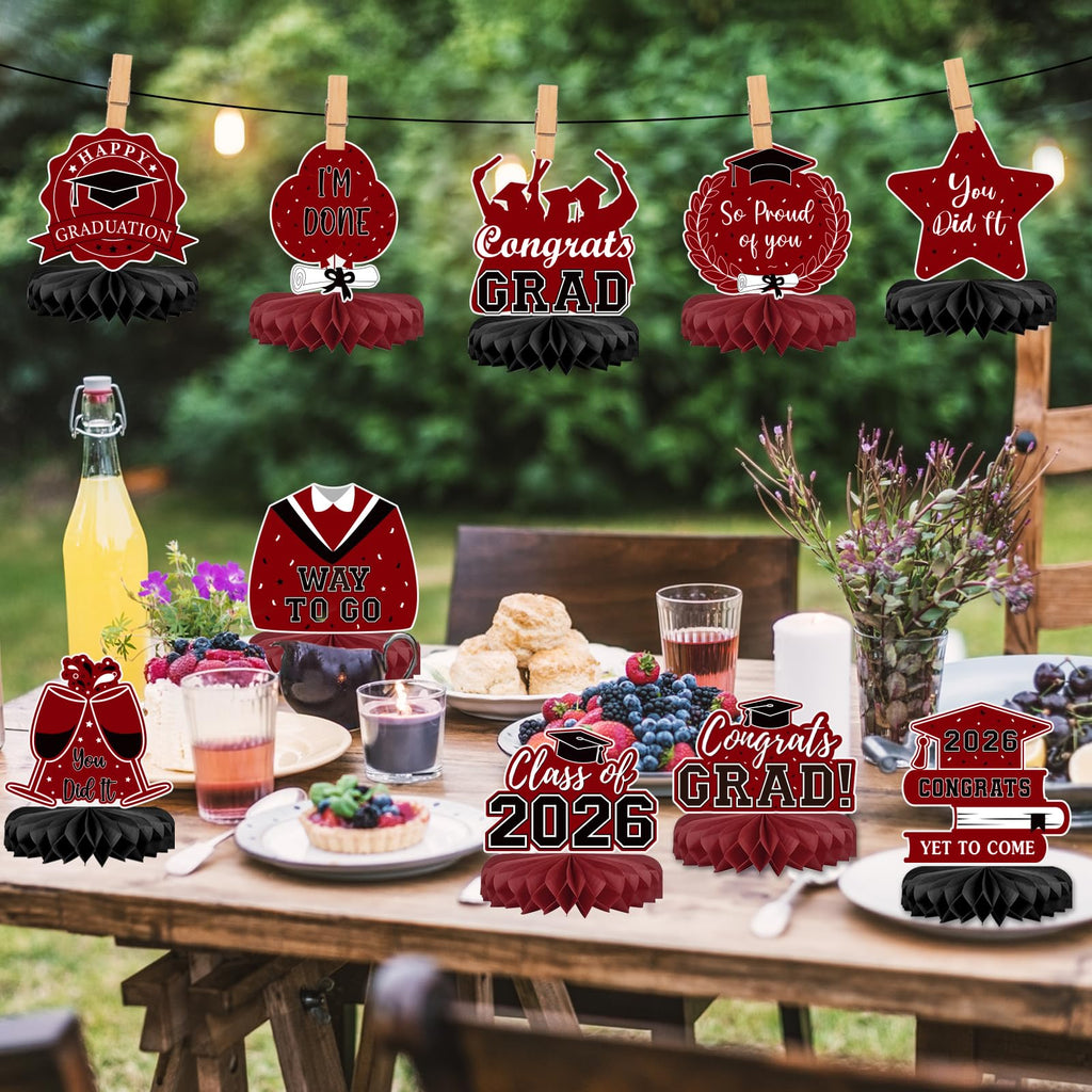 10Pcs Graduation Decorations 2026 Class of 2026 Congrats Grad Table Honeycomb Centerpieces Graduation Party Supplies for kindergarten K-12th College Any Grade Black