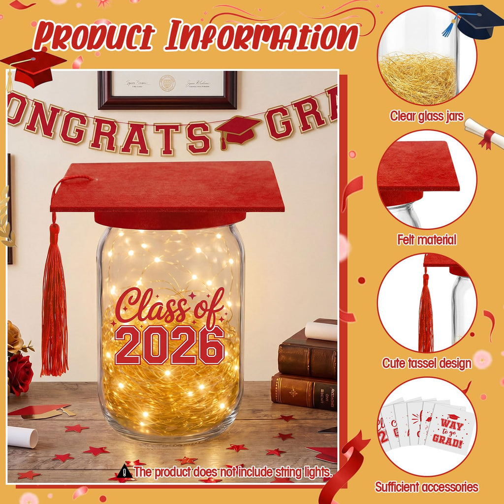 Suclain 6 Set Graduation Table Decorations Glass Mason Money Jars Gifts Class of 2026 Table Centerpieces with Felt Cap Raffia & Sticker for College High School Congrats Grad Parties(Black,Gold Tassel)
