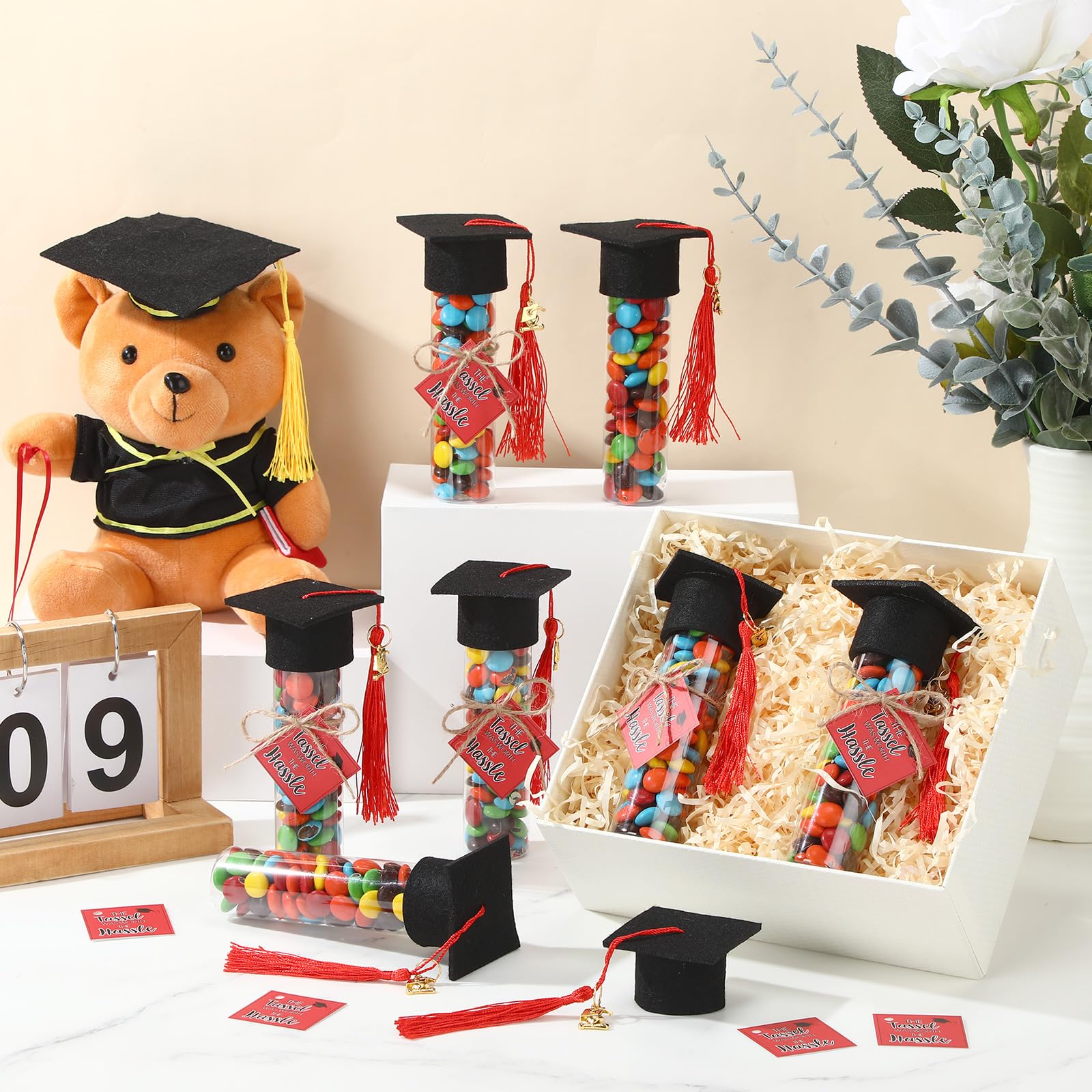 Willinglong 30 Set 2026 Graduation Candy Tubes Jars Set 100 ml Fillable Clear Plastic Gumball Container with Cap with Tassel and Cards for DIY 2026 Graduation Party Favors(Blue)