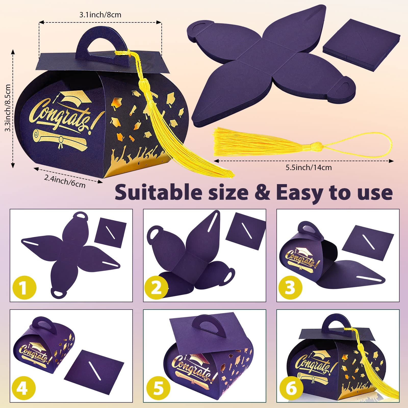 Spakon 30 Pcs Graduation Cap Gift Box Graduation Party Favors Candy Boxes Treat Box with Tassel Table Centerpieces Class of 2026 Grad Decorations(Blue, Gold)