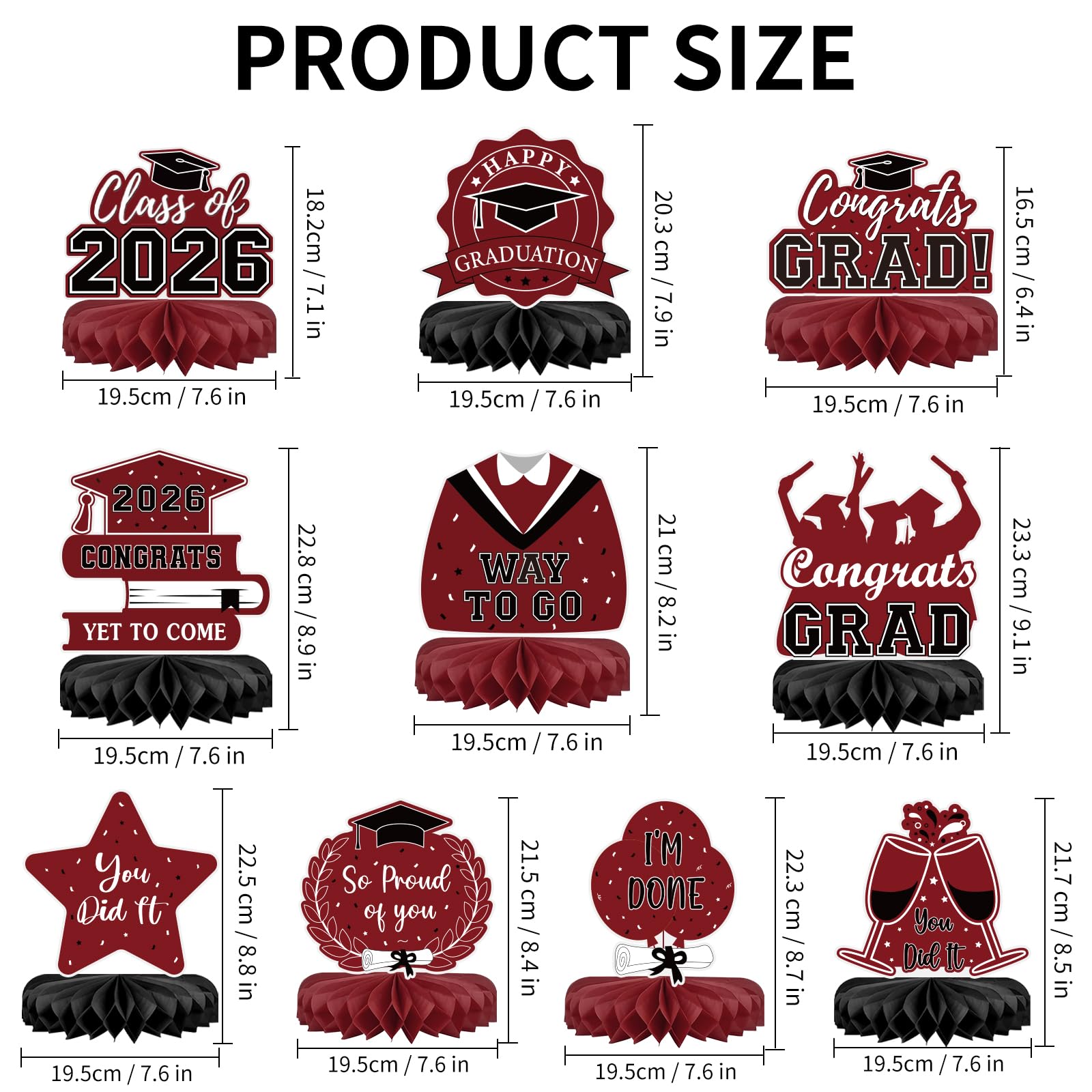 10Pcs Graduation Decorations 2026 Class of 2026 Congrats Grad Table Honeycomb Centerpieces Graduation Party Supplies for kindergarten K-12th College Any Grade Black