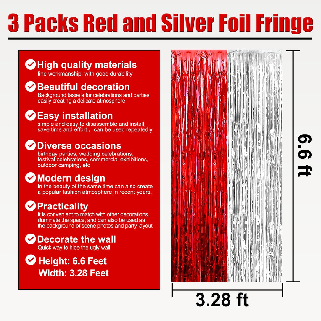 3 Pack Black Gold Silver Foil Fringe Curtain Backdrop, 3.28Ft x6.6Ft Metallic Tinsel Foil Fringe Streamer Curtains for Photo Booth, Halloween, Christmas Day, Wedding, New Year Party Decoration