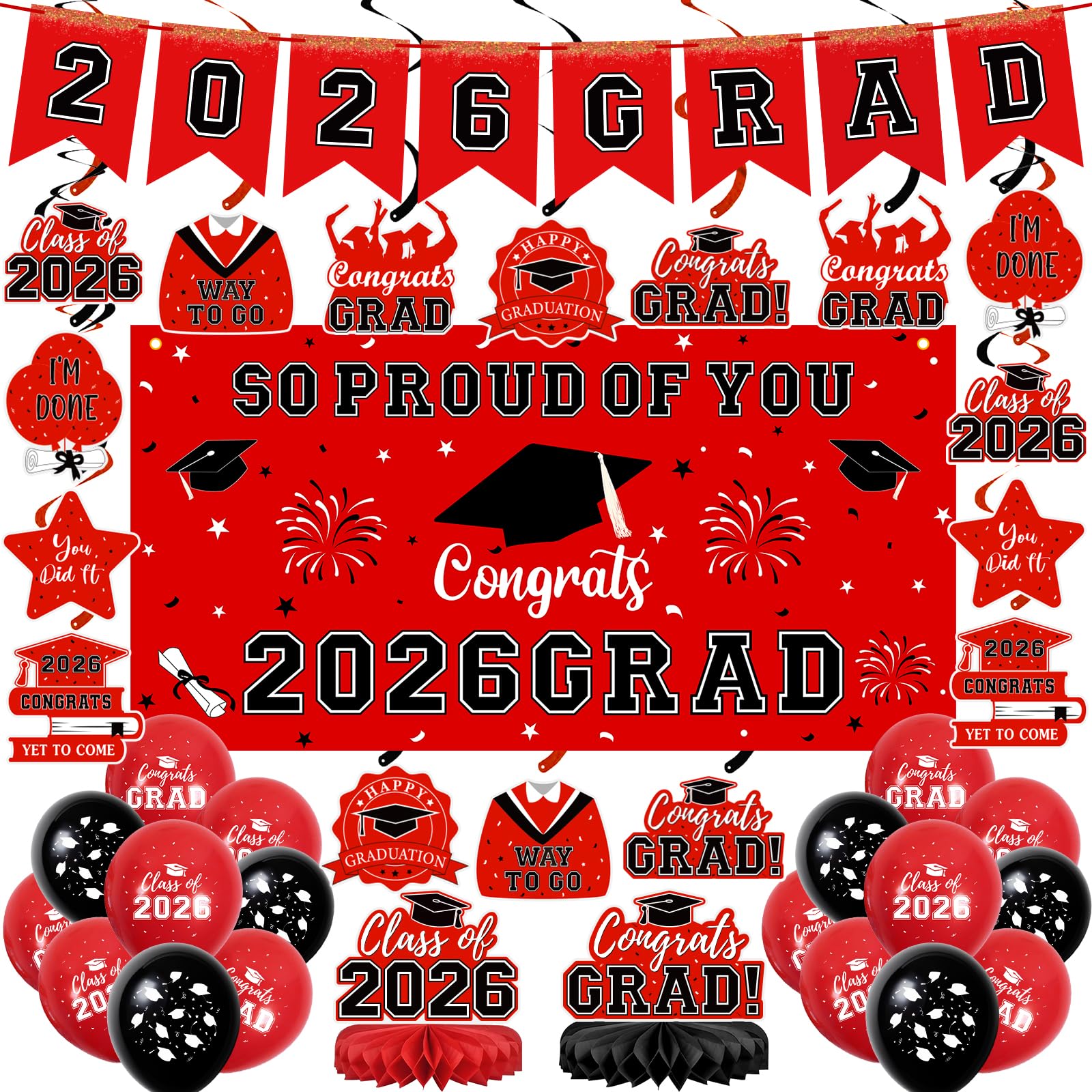 59Pcs Graduation Decorations 2026 Backdrop Balloons Banner Centerpiece Hanging Swirls Grad Class of 2026 Decorations for kindergarten K-12th College Any Grade Black Gold Themed