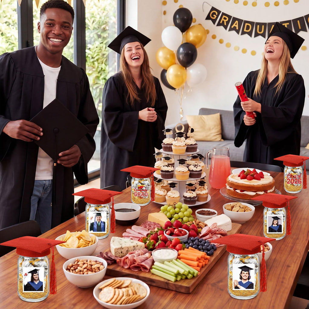 Suclain 6 Set Graduation Table Decorations Glass Mason Money Jars Gifts Class of 2026 Table Centerpieces with Felt Cap Raffia & Sticker for College High School Congrats Grad Parties(Black,Gold Tassel)