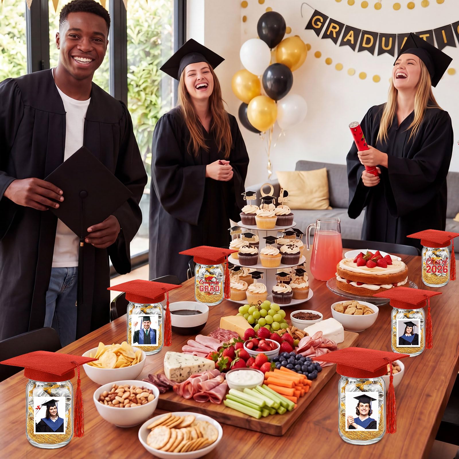 Suclain 6 Set Graduation Table Decorations Glass Mason Money Jars Gifts Class of 2026 Table Centerpieces with Felt Cap Raffia & Sticker for College High School Congrats Grad Parties(Black,Gold Tassel)