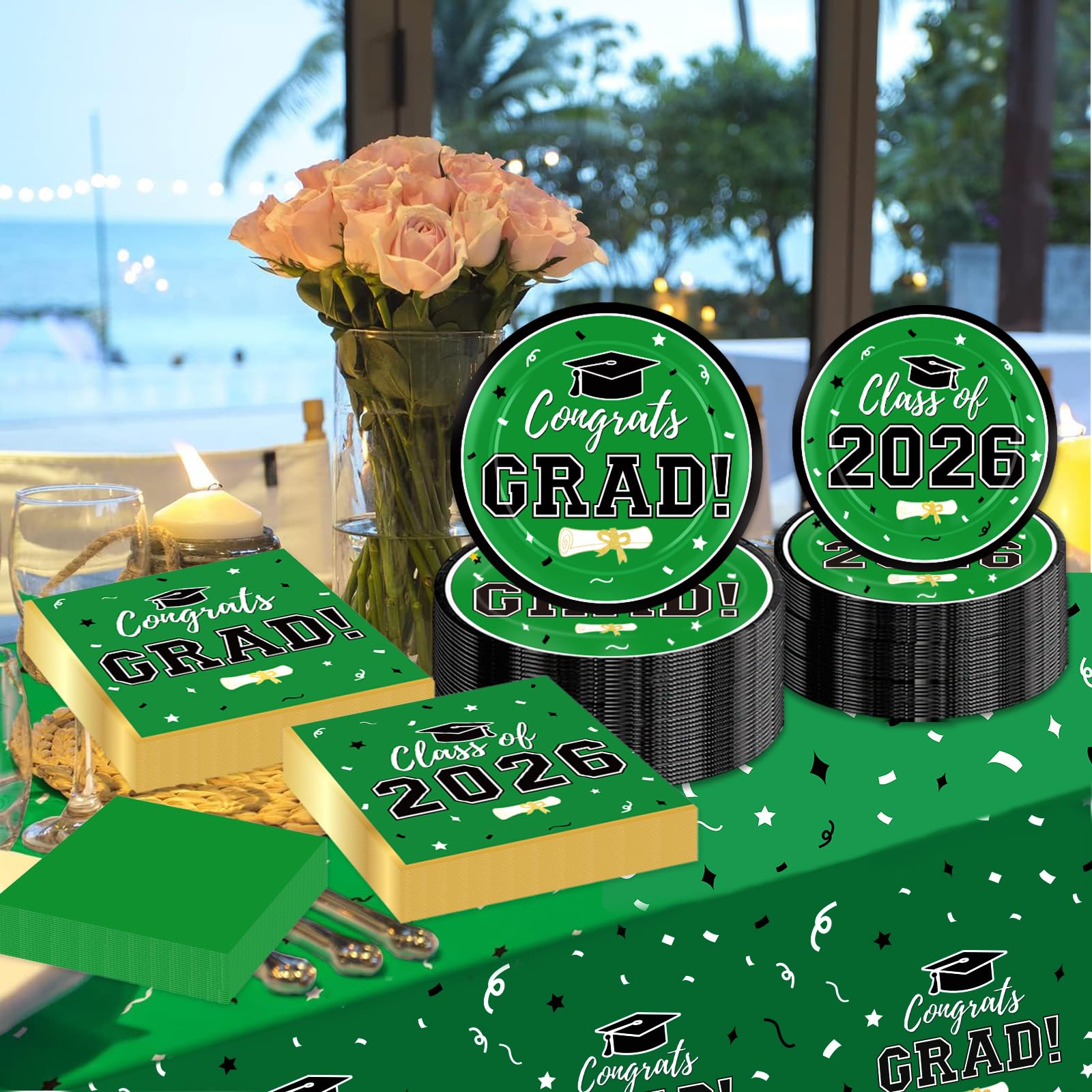 Graduation Decorations 2026 Class of 2026 Congrats Grad Disposable Paper Plates Luncheon Napkins Cocktail Napkins Black Gold Graduation Party Supplies Serve 50