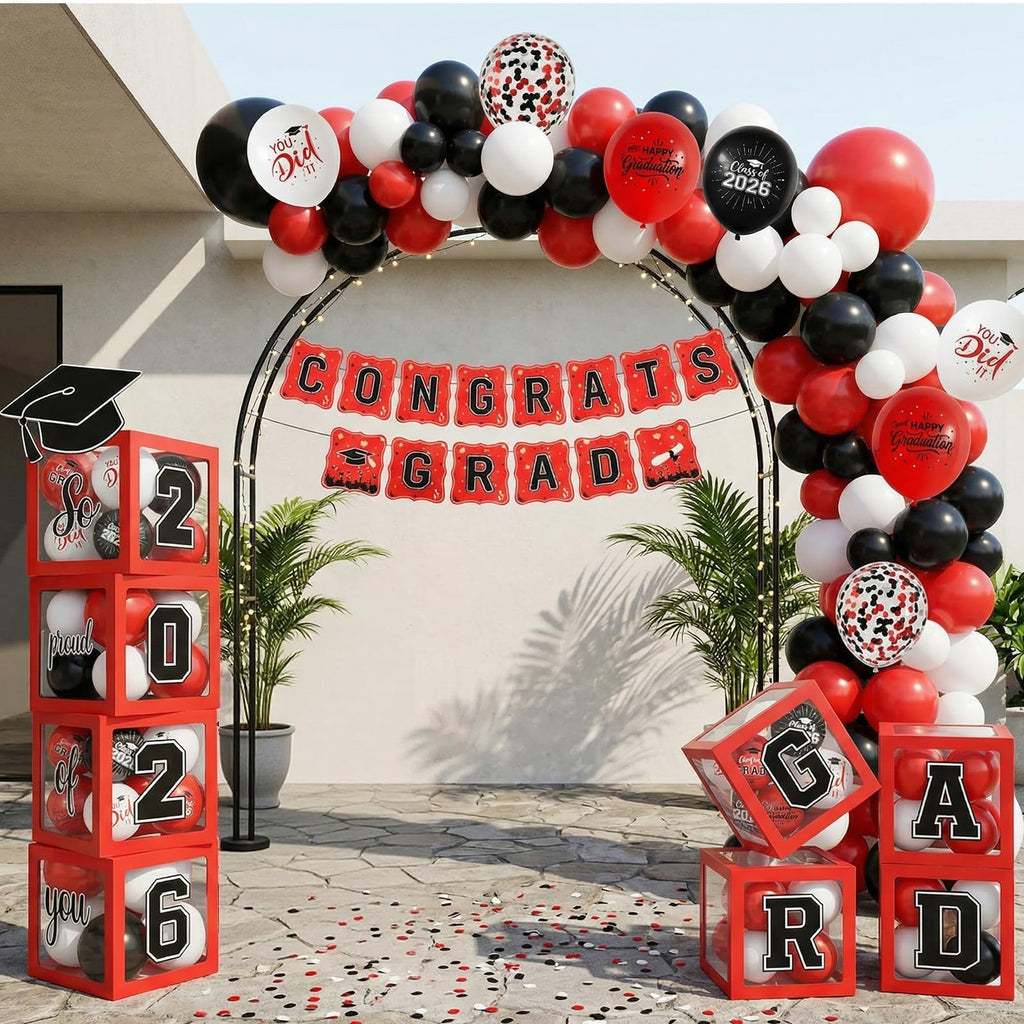 Gold and Black Graduation Party Decorations, Grad Balloon Boxes with Letters 2026 GRAD So Proud of You, Grad Balloons and Banner Decorations for Class of 2026 High School Graduation Decor