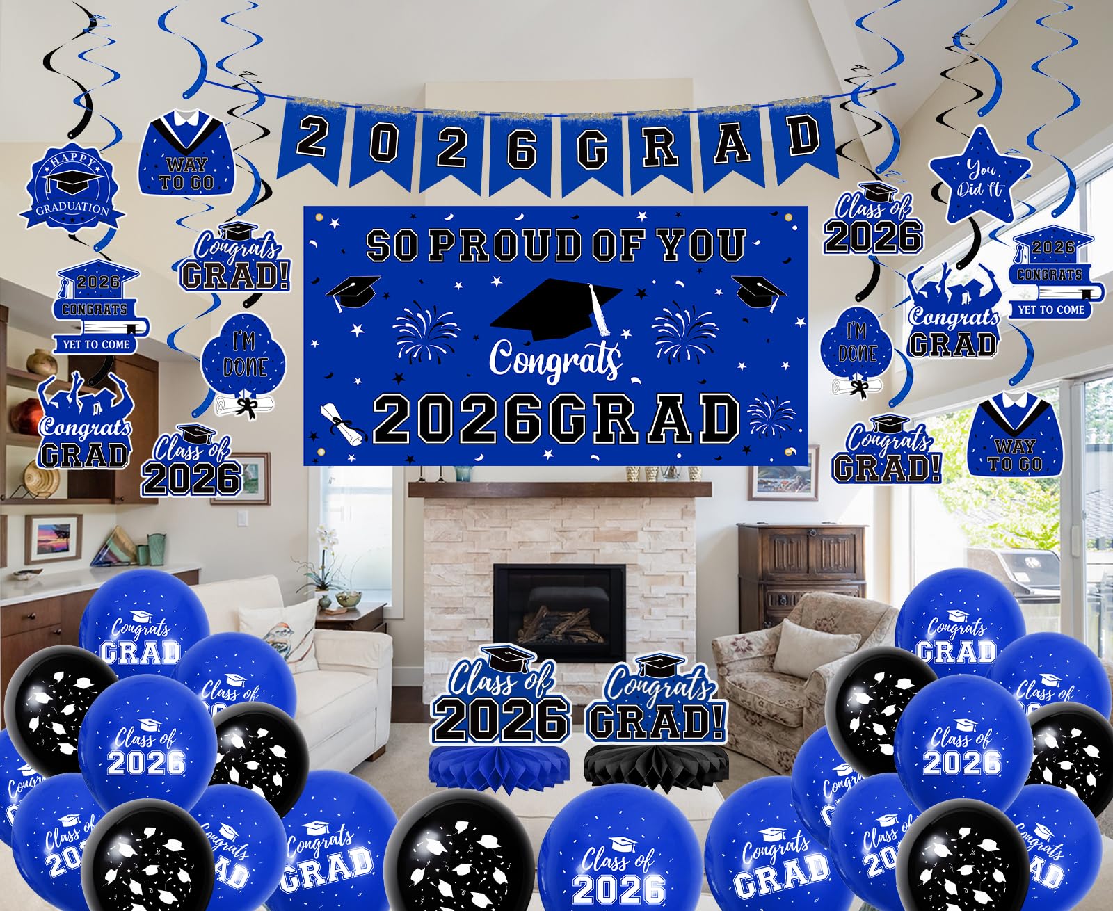 59Pcs Graduation Decorations 2026 Backdrop Balloons Banner Centerpiece Hanging Swirls Grad Class of 2026 Decorations for kindergarten K-12th College Any Grade Black Gold Themed