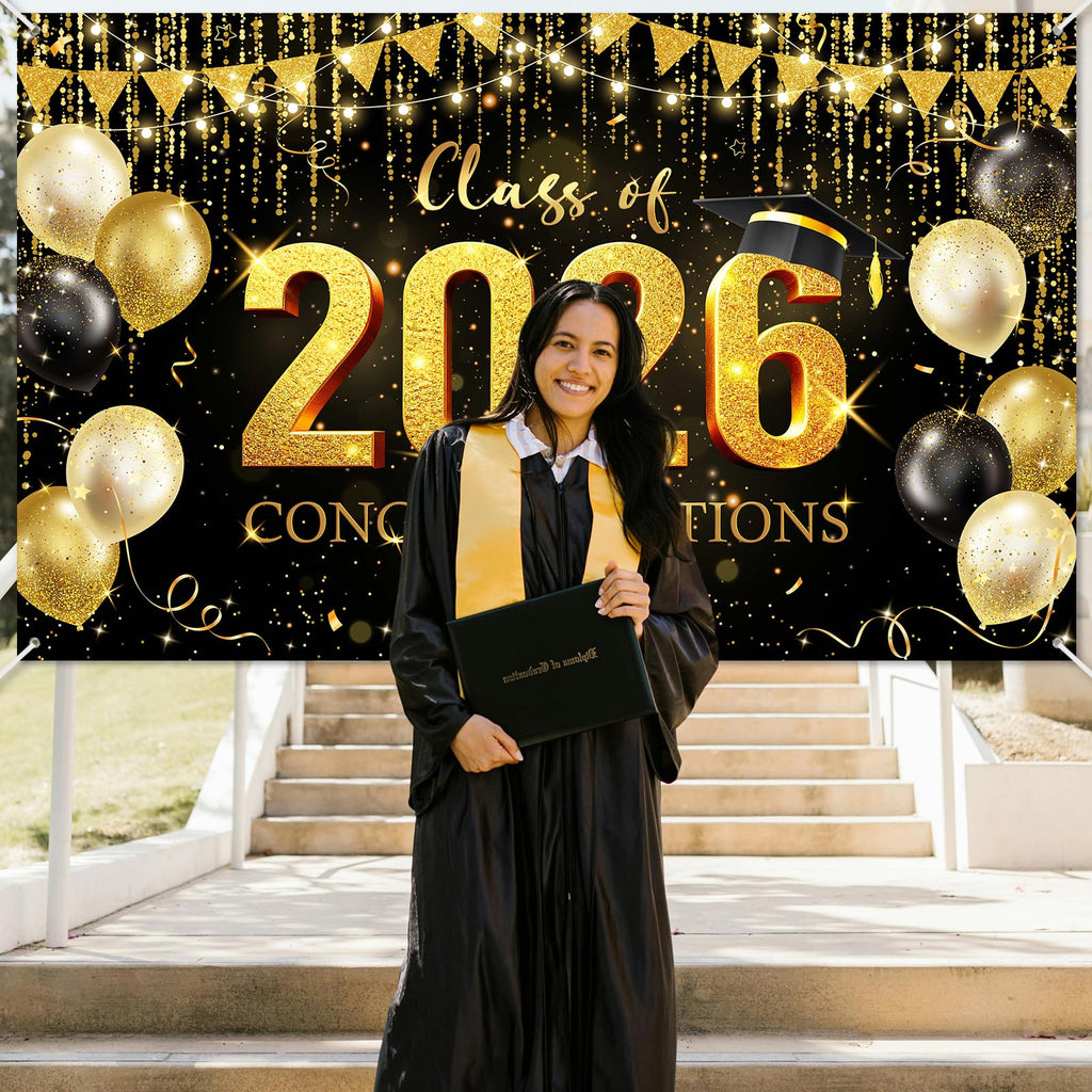 Avezano Graduation Backdrop Black and Gold Congratulations Class of 2026 Banner 2026 Graduation Decorations Photo Booth Background (6x3.6ft)
