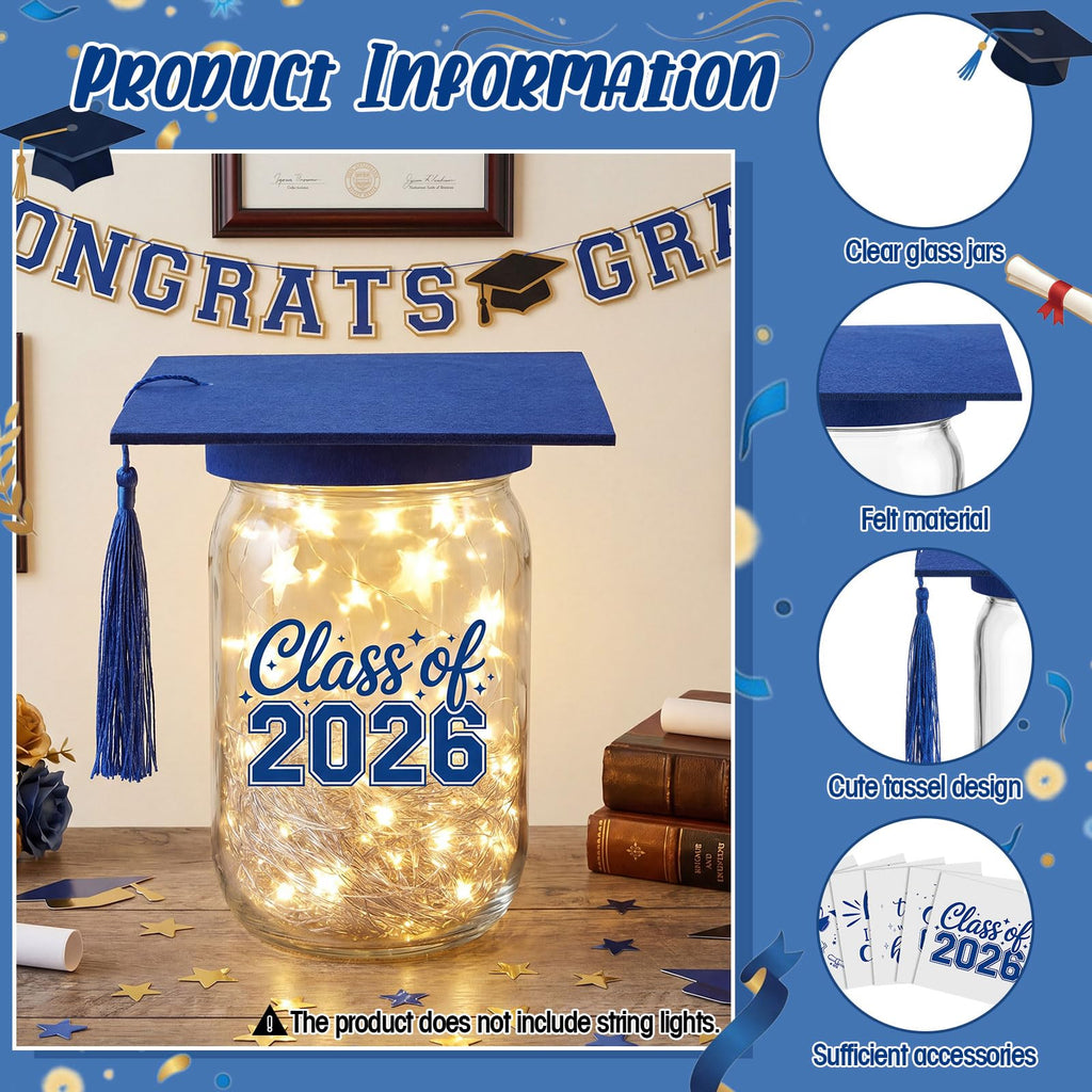 Suclain 6 Set Graduation Table Decorations Glass Mason Money Jars Gifts Class of 2026 Table Centerpieces with Felt Cap Raffia & Sticker for College High School Congrats Grad Parties(Black,Gold Tassel)