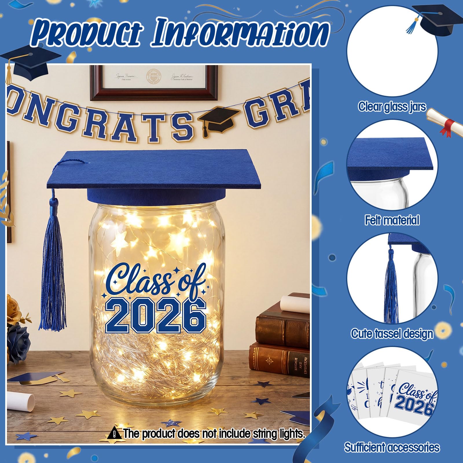Suclain 6 Set Graduation Table Decorations Glass Mason Money Jars Gifts Class of 2026 Table Centerpieces with Felt Cap Raffia & Sticker for College High School Congrats Grad Parties(Black,Gold Tassel)