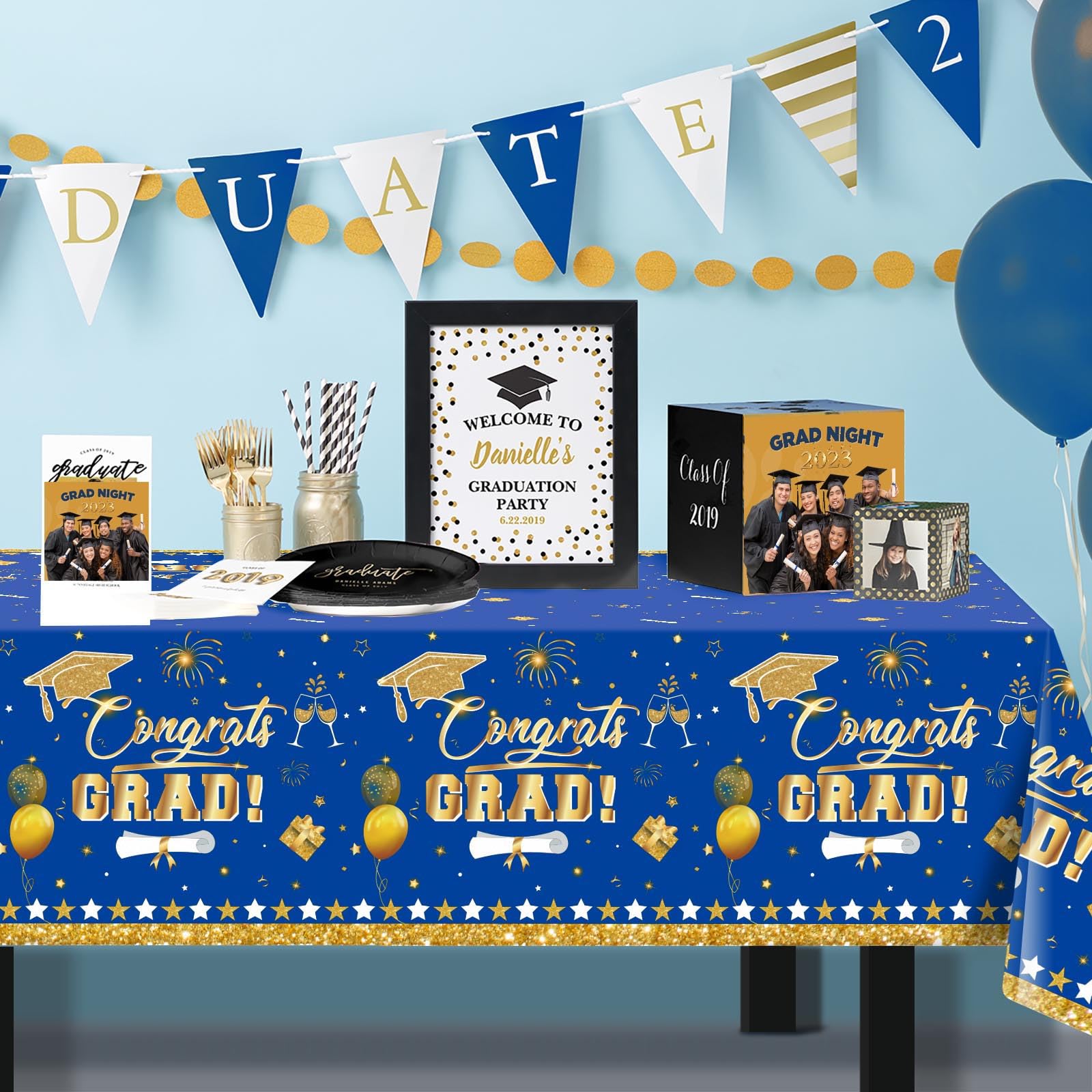 3 Pack Graduation Tablecloth Decorations,54x128inch Black Gold Congrats Grad Disposable Plastic Waterproof Rectangular Table Cloth Cover Decor for Class of 2026 College High School Party Supplies
