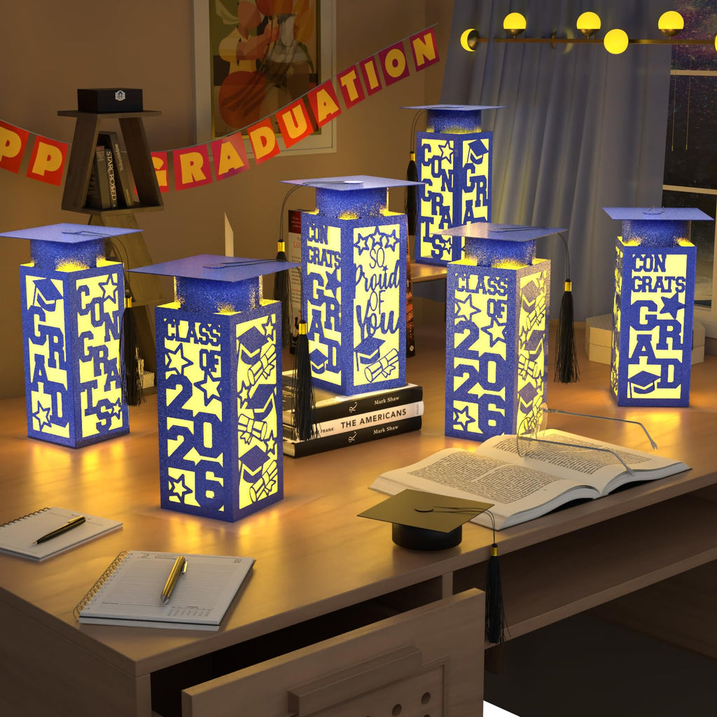 6 Pcs Graduation Table Centerpieces Boxes Class of 2026, Golden Graduation Paper Lanterns Boxes with String Lights Hollow Out for Congrats Grad School College Table Decorations Grad Party Photo Props