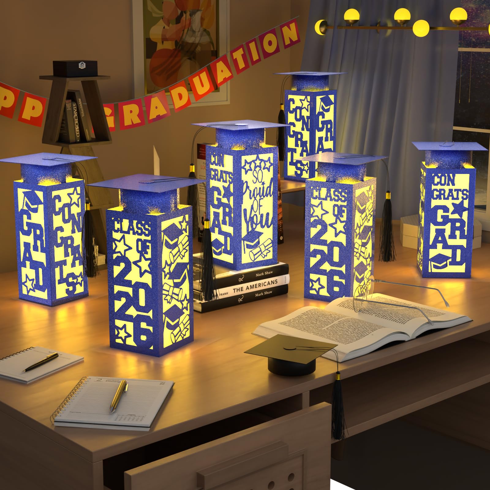6 Pcs Graduation Table Centerpieces Boxes Class of 2026, Golden Graduation Paper Lanterns Boxes with String Lights Hollow Out for Congrats Grad School College Table Decorations Grad Party Photo Props