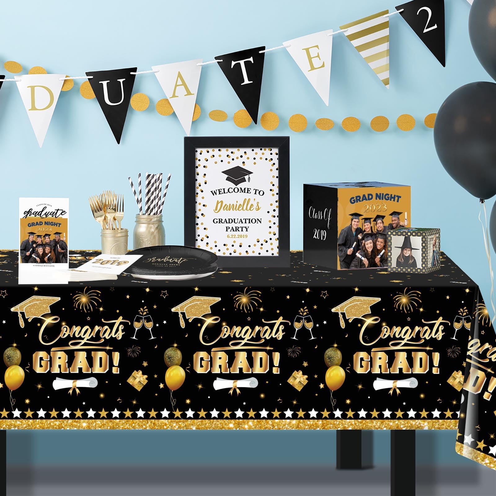 3 Pack Graduation Tablecloth Decorations,54x128inch Black Gold Congrats Grad Disposable Plastic Waterproof Rectangular Table Cloth Cover Decor for Class of 2026 College High School Party Supplies