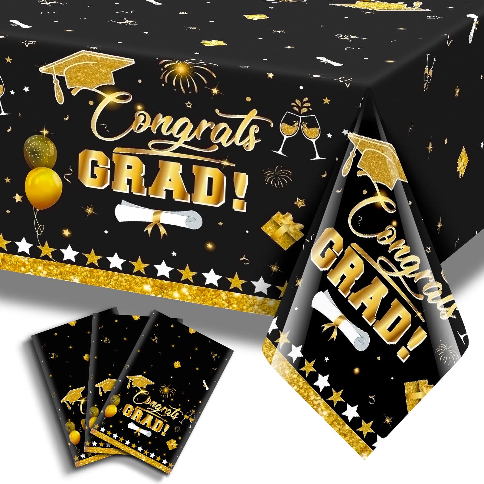 3 Pack Graduation Tablecloth Decorations,54x128inch Black Gold Congrats Grad Disposable Plastic Waterproof Rectangular Table Cloth Cover Decor for Class of 2026 College High School Party Supplies