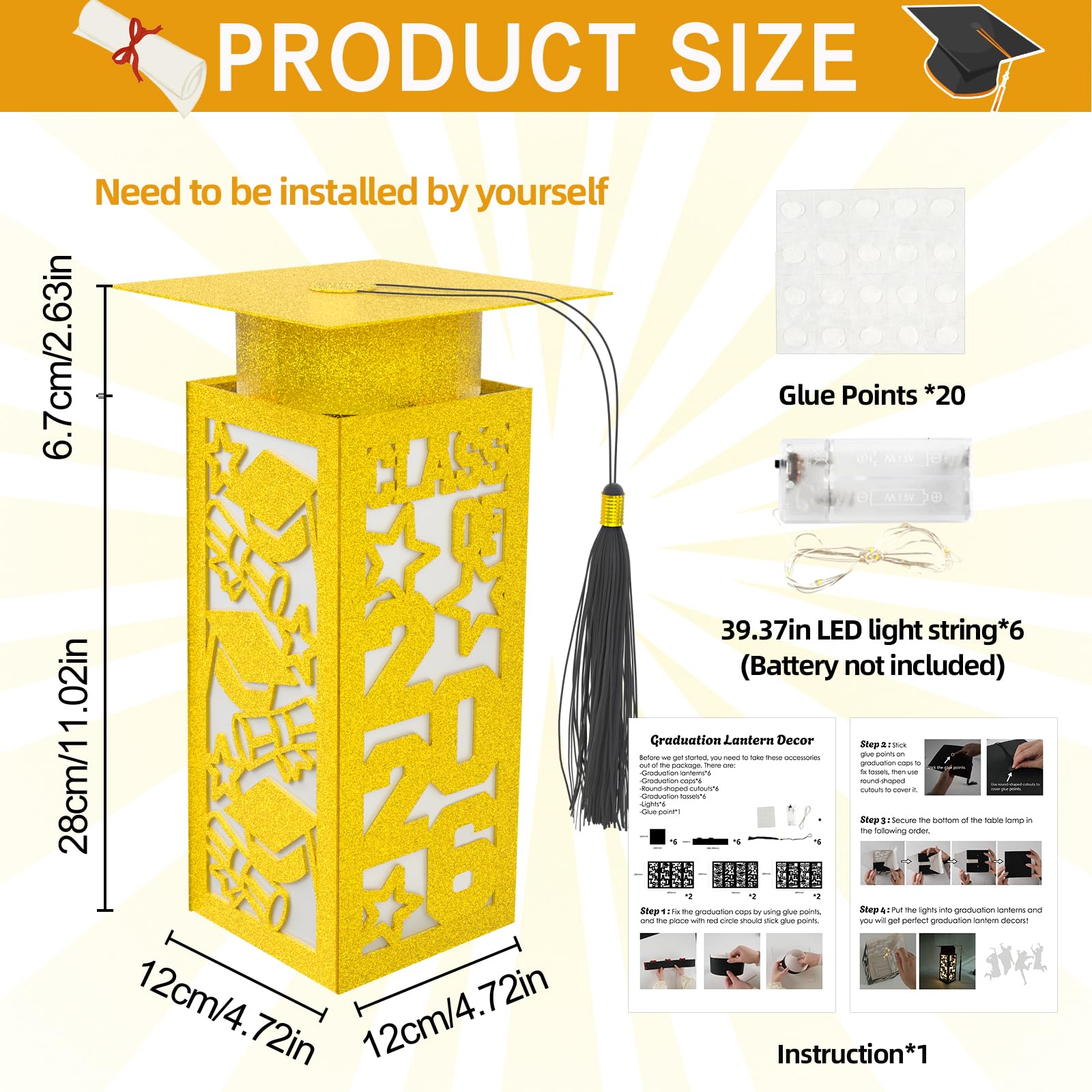 6 Pcs Graduation Table Centerpieces Boxes Class of 2026, Golden Graduation Paper Lanterns Boxes with String Lights Hollow Out for Congrats Grad School College Table Decorations Grad Party Photo Props