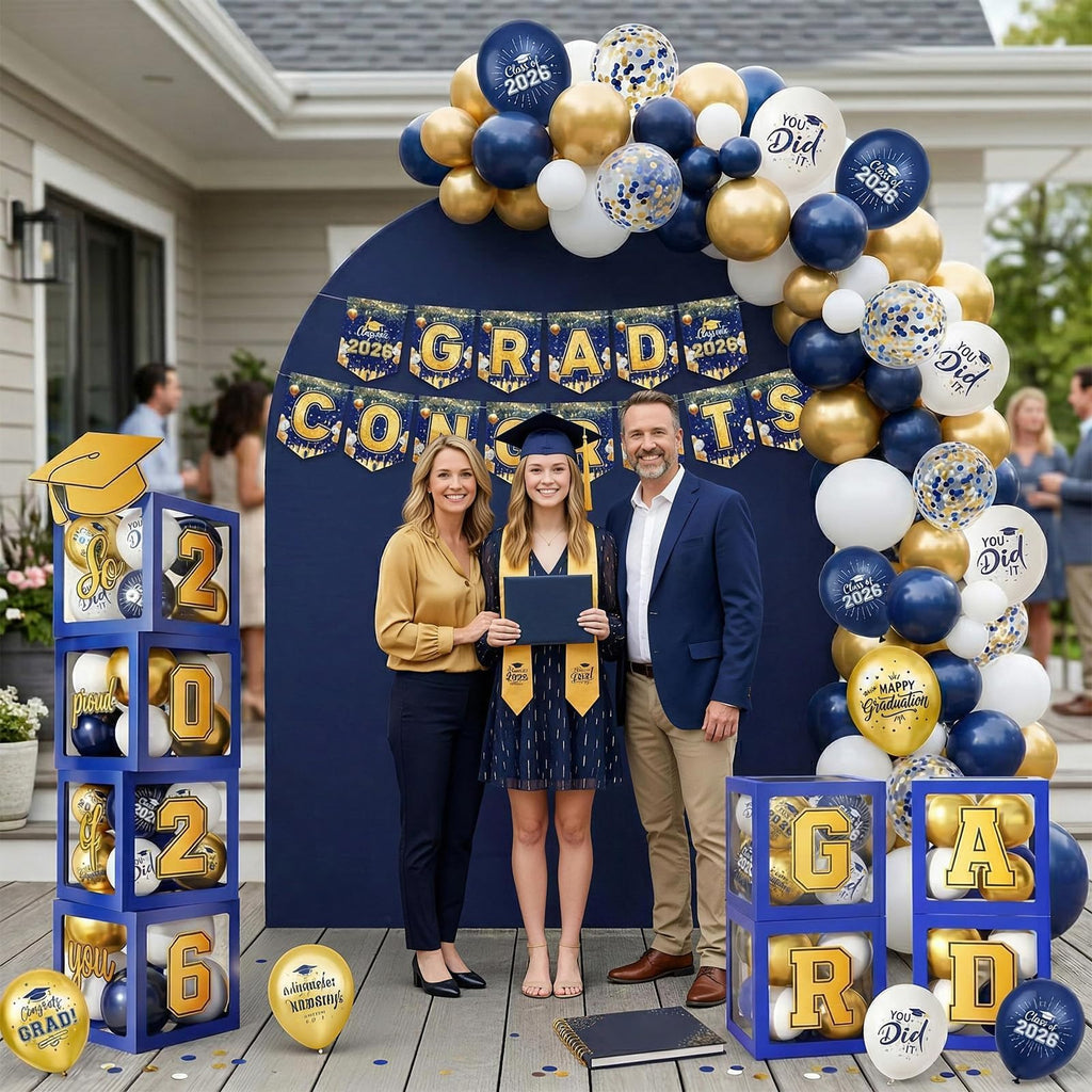 Gold and Black Graduation Party Decorations, Grad Balloon Boxes with Letters 2026 GRAD So Proud of You, Grad Balloons and Banner Decorations for Class of 2026 High School Graduation Decor