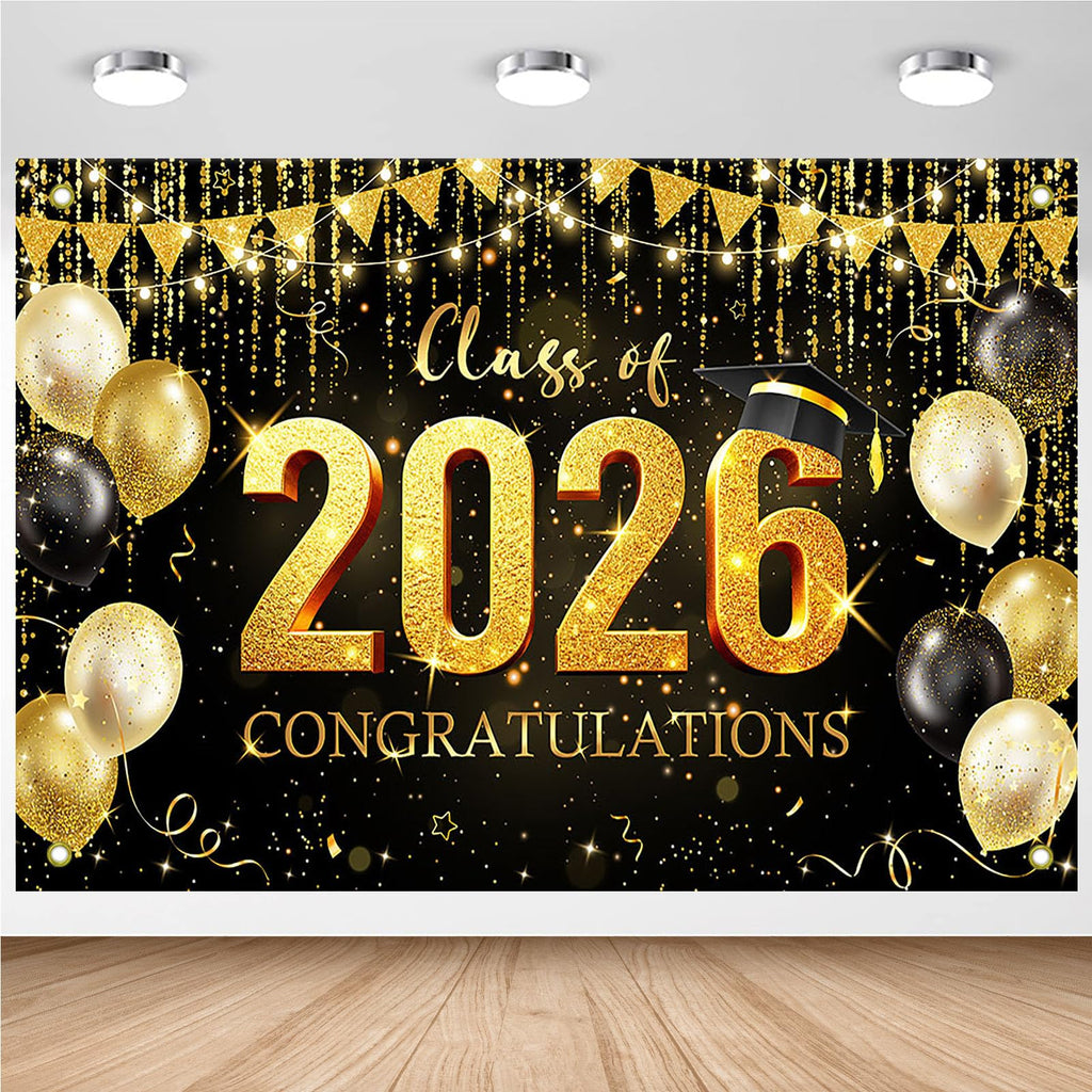 Avezano Graduation Backdrop Black and Gold Congratulations Class of 2026 Banner 2026 Graduation Decorations Photo Booth Background (6x3.6ft)
