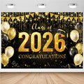 Avezano Graduation Backdrop Black and Gold Congratulations Class of 2026 Banner 2026 Graduation Decorations Photo Booth Background (6x3.6ft)