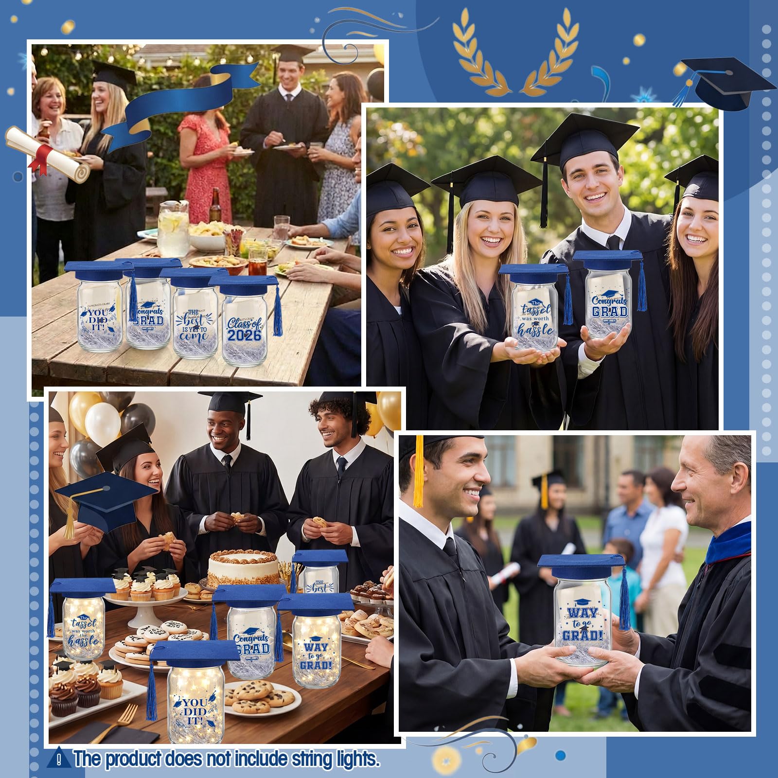 Suclain 6 Set Graduation Table Decorations Glass Mason Money Jars Gifts Class of 2026 Table Centerpieces with Felt Cap Raffia & Sticker for College High School Congrats Grad Parties(Black,Gold Tassel)