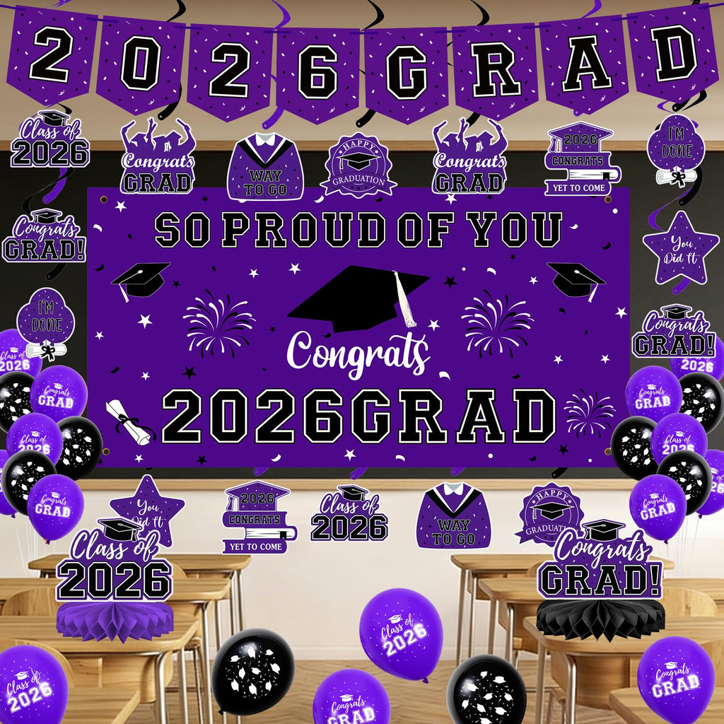 59Pcs Graduation Decorations 2026 Backdrop Balloons Banner Centerpiece Hanging Swirls Grad Class of 2026 Decorations for kindergarten K-12th College Any Grade Black Gold Themed