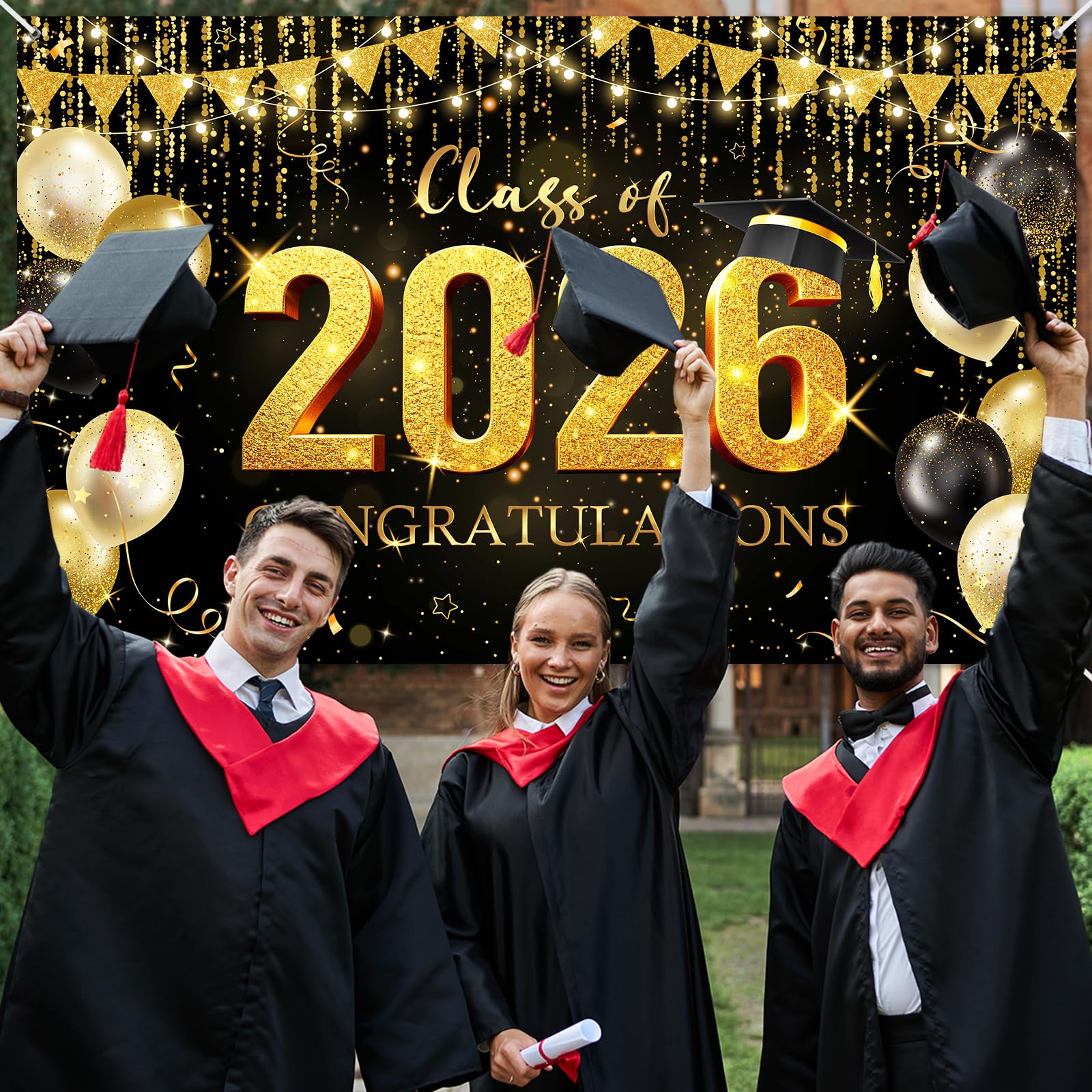 Avezano Graduation Backdrop Black and Gold Congratulations Class of 2026 Banner 2026 Graduation Decorations Photo Booth Background (6x3.6ft)
