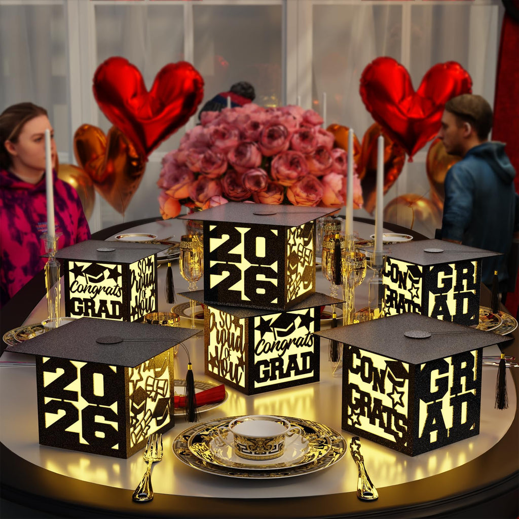 6 Pcs Graduation Table Centerpieces Boxes Class of 2026, Golden Graduation Paper Lanterns Boxes with String Lights Hollow Out for Congrats Grad School College Table Decorations Grad Party Photo Props